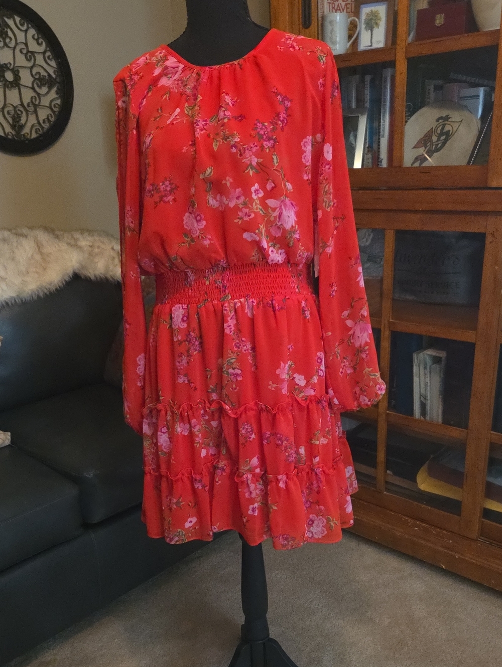 NWT Cece Red Floral Smocked Waist Womens Dress Size Large